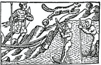 Vuodelta 1555 peräisin olevassa kuvituksessa kaksi suomalaista metsästäjää luistelee luuluistimilla lumettomalla jäällä.